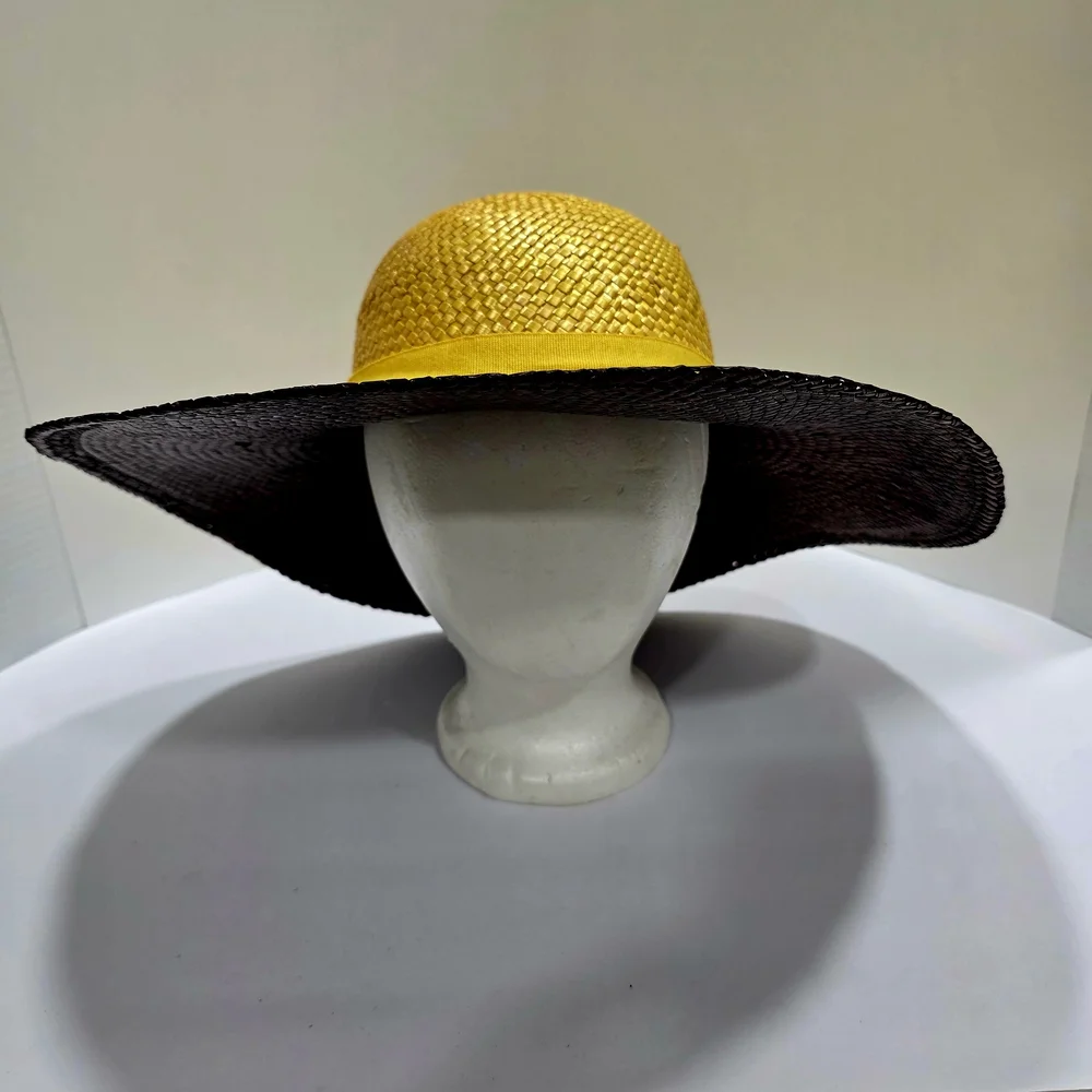 Neiman Marcus Gold Woven Straw Floppy Sun Hat Black Trim Italy